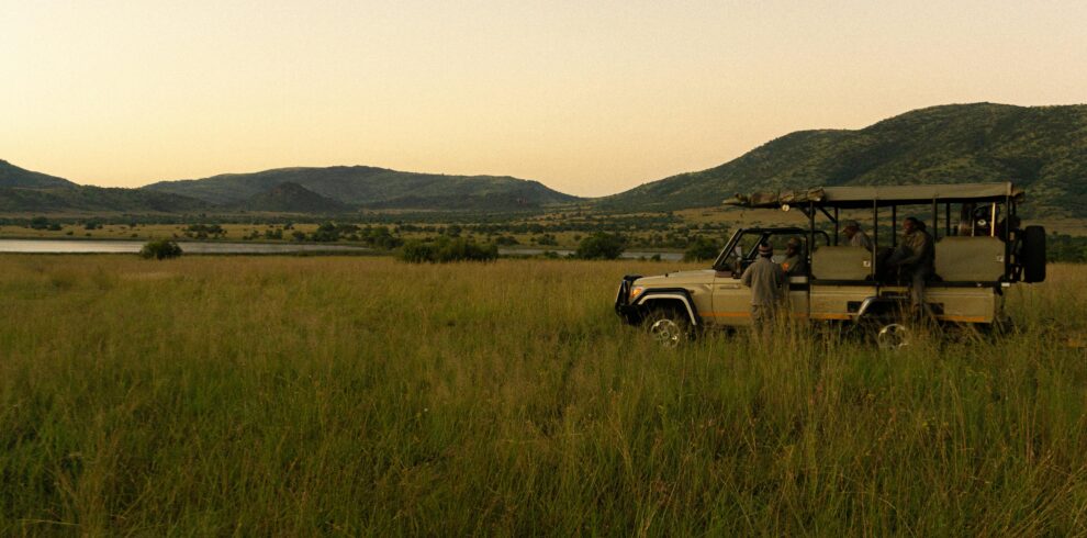A safari jeep with people observing wildlife at dusk in Pilanesberg National Park, South Africa.